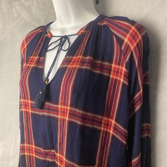 Lucky Brand Plaid Blouse Women 1X Navy Blue Boho Tassel Tie Rayon Top - Picture 5 of 12